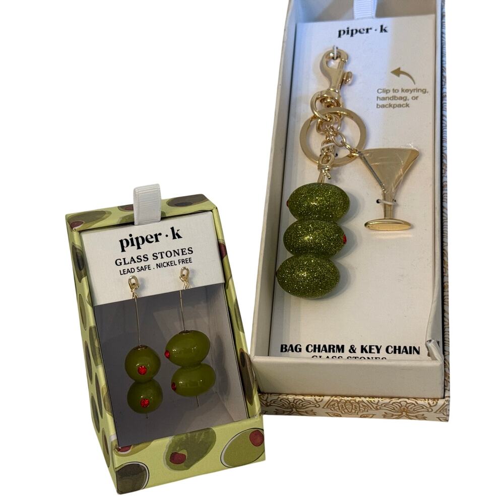 Piper K Martini Olive Bag Charm Keychain + Earrings Set Green Glitter - NWT
